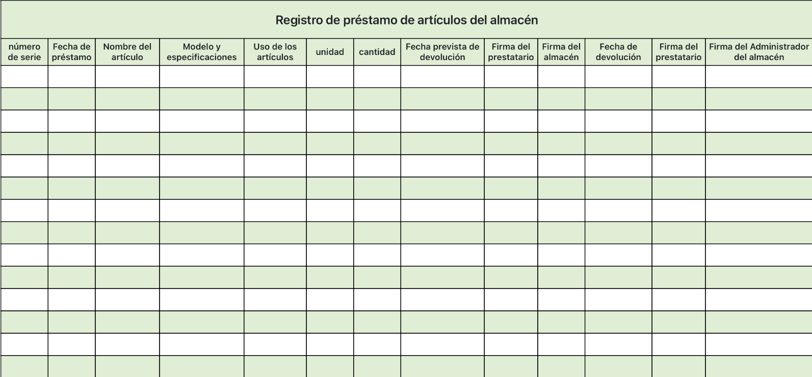 Registro de préstamo de artículos del almacén